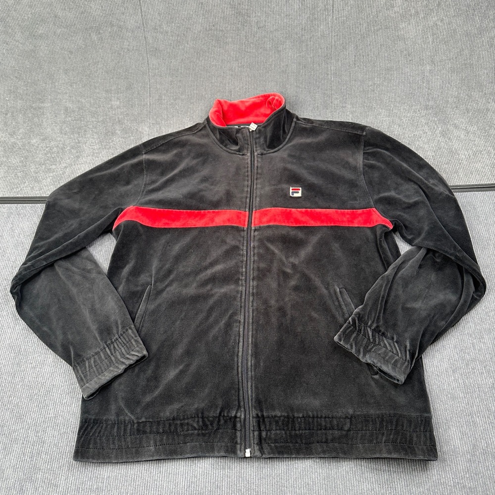 Fila‎ Mens Velour Track Jacket Black Red Stripe Full Zip Mock Neck Large Y2K